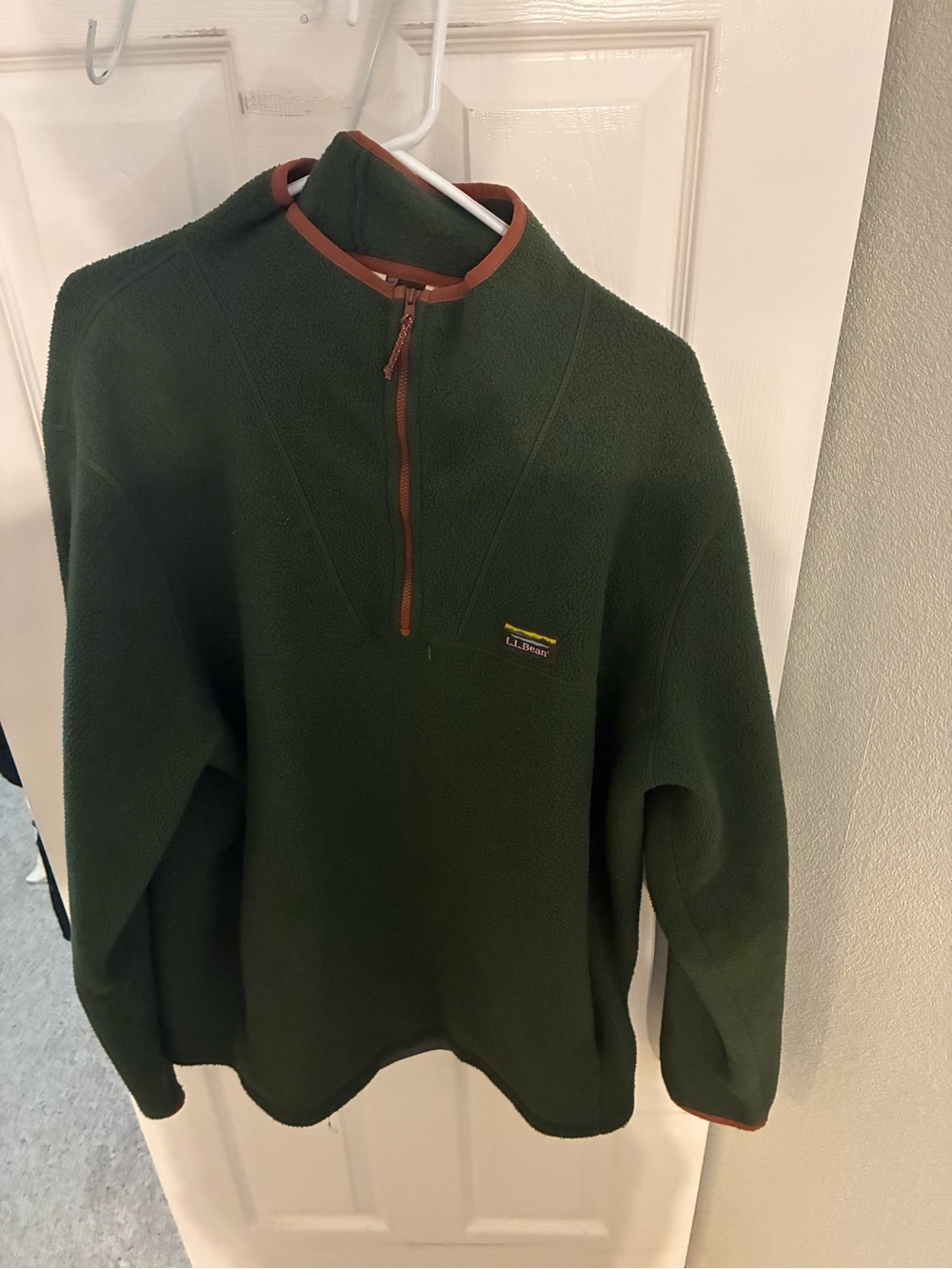 L.L. Bean Men’s Dark Green Fleece Half-Zip with Brown Trim